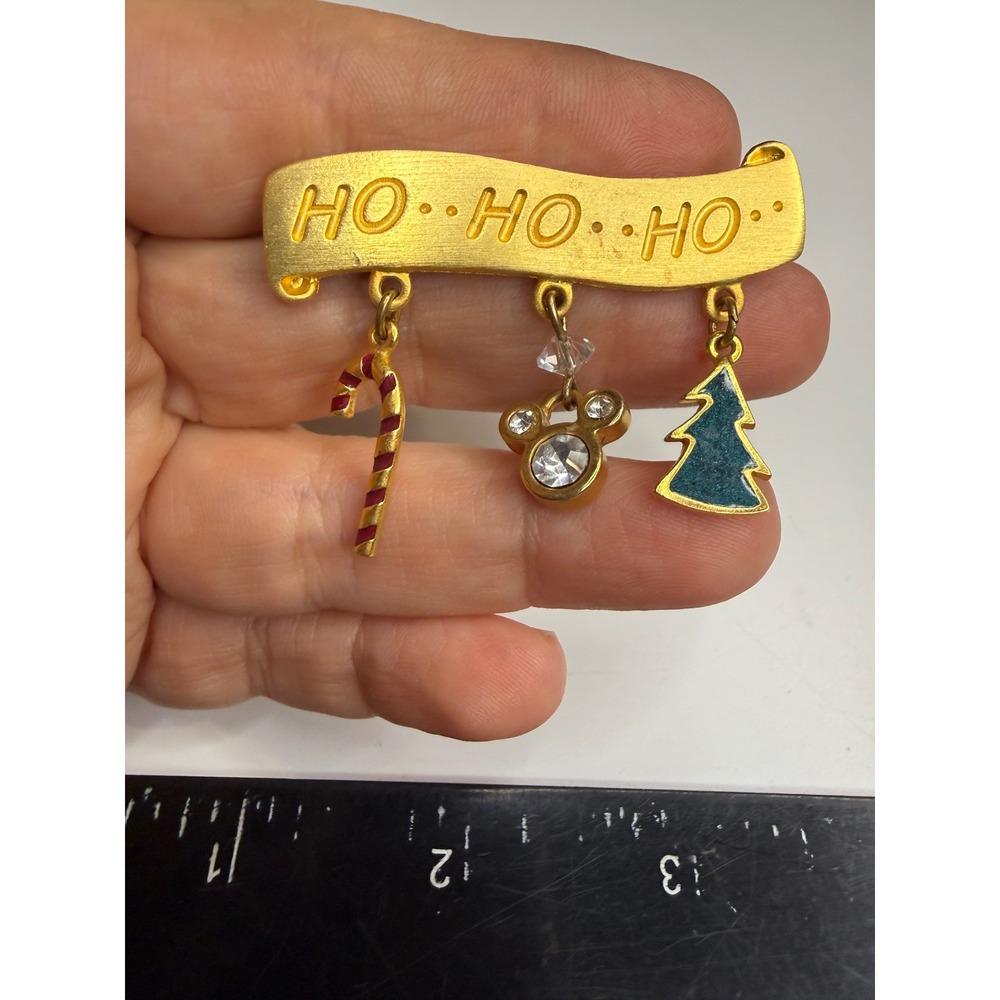 Disney Christmas Ho Ho Ho Brooch Mickey Mouse Dangle Charms Gold Tone Pin